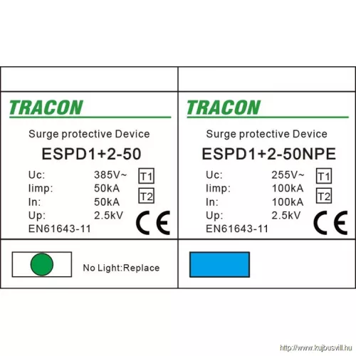 TRACON ESPD1+2-50-1+1P T1+T2 AC típusú túlfeszültséglevezető, egybeépített Uc:385V; Iimp:50/100kA; In:50/100kA; Up:2,5kV; 1+1P