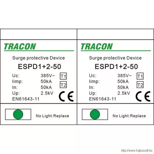 TRACON ESPD1+2-50-2P T1+T2 AC típusú túlfeszültséglevezető, egybeépített Uc:385V; Iimp:50kA; In:50kA; Imax:160kA; Up:2,5kV; 2P