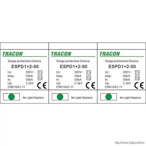 TRACON ESPD1+2-50-3P T1+T2 AC típusú túlfeszültséglevezető, egybeépített Uc:385V; Iimp:50kA; In:50kA; Imax:160kA; Up:2,5kV; 3P