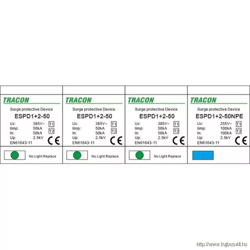 TRACON ESPD1+2-50-3+1P T1+T2 AC típusú túlfeszültséglevezető, egybeépített Uc:385V; Iimp:50/100kA; In:50/100kA; Up:2,5kV; 3+1P