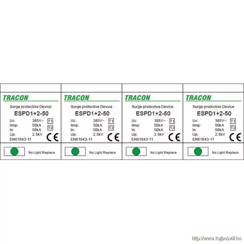 TRACON ESPD1+2-50-4P T1+T2 AC típusú túlfeszültséglevezető, egybeépített Uc:385V; Iimp:50kA; In:50kA; Imax:160kA; Up:2,5kV; 4P