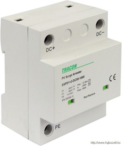 ESPD1+2-DC50-600 T1+T2 DC típusú túlfeszültséglevezető, egybeépített Ucpv: 800V; Iimp:12,5kA; In:20kA; Imax:50kA; Up:3kV