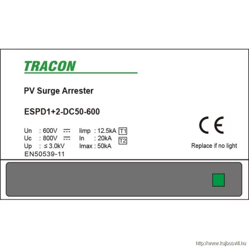 TRACON ESPD1+2-DC50-600 T1+T2 DC típusú túlfeszültséglevezető, egybeépített Ucpv: 800V; Iimp:12,5kA; In:20kA; Imax:50kA; Up:3kV