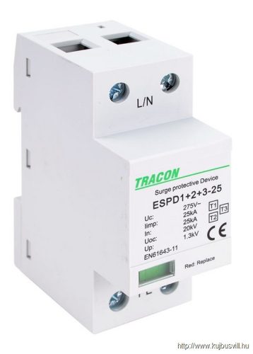 ESPD1+2+3-25-1P T1+T2+T3 AC típusú túlfeszültség levezető, egybeépített Uc:275V; Iimp:25kA; In:25kA; Uoc:20kV; Up:1,3kV; 1P
