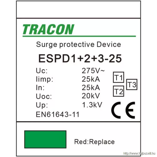 TRACON ESPD1+2+3-25-1P T1+T2+T3 AC típusú túlfeszültség levezető, egybeépített Uc:275V; Iimp:25kA; In:25kA; Uoc:20kV; Up:1,3kV; 1P