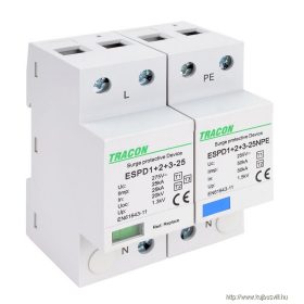   TRACON ESPD1+2+3-25-1+1P T1+T2+T3 AC típusú túlfeszültség levezető, egybeépített Uc:275V; Iimp:25/100kA; In:25/100kA; Uoc:20kV; Up:1,3kV; 1+1