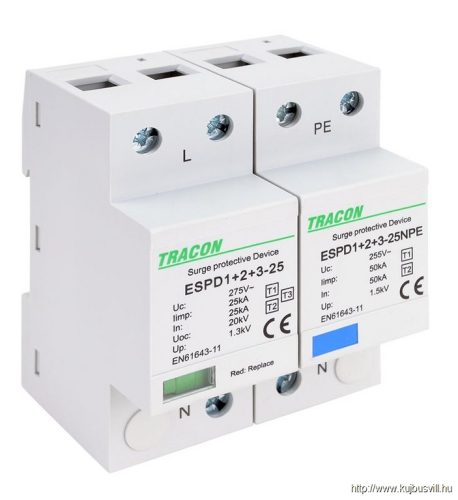 ESPD1+2+3-25-1+1P T1+T2+T3 AC típusú túlfeszültség levezető, egybeépített Uc:275V; Iimp:25/100kA; In:25/100kA; Uoc:20kV; Up:1,3kV; 1+1