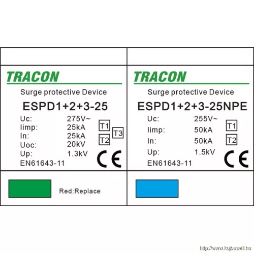 TRACON ESPD1+2+3-25-1+1P T1+T2+T3 AC típusú túlfeszültség levezető, egybeépített Uc:275V; Iimp:25/100kA; In:25/100kA; Uoc:20kV; Up:1,3kV; 1+1