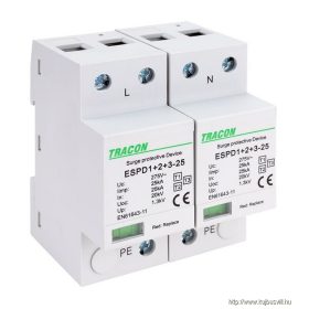   TRACON ESPD1+2+3-25-2P T1+T2+T3 AC típusú túlfeszültség levezető, egybeépített Uc:275V; Iimp:25kA; In:25kA; Uoc:20kV; Up:1,3kV; 2P