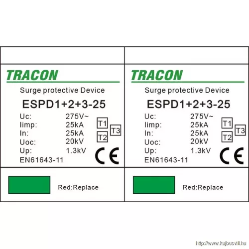 TRACON ESPD1+2+3-25-2P T1+T2+T3 AC típusú túlfeszültség levezető, egybeépített Uc:275V; Iimp:25kA; In:25kA; Uoc:20kV; Up:1,3kV; 2P