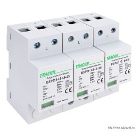   TRACON ESPD1+2+3-25-3P T1+T2+T3 AC típusú túlfeszültség levezető, egybeépített Uc:275V; Iimp:25kA; In:25kA; Uoc:20kV; Up:1,3kV; 3P