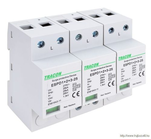 ESPD1+2+3-25-3P T1+T2+T3 AC típusú túlfeszültség levezető, egybeépített Uc:275V; Iimp:25kA; In:25kA; Uoc:20kV; Up:1,3kV; 3P