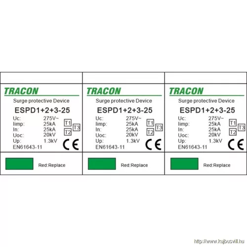 TRACON ESPD1+2+3-25-3P T1+T2+T3 AC típusú túlfeszültség levezető, egybeépített Uc:275V; Iimp:25kA; In:25kA; Uoc:20kV; Up:1,3kV; 3P