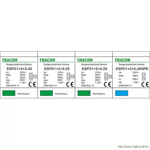 TRACON ESPD1+2+3-25-3+1P T1+T2+T3 AC típusú túlfeszültség levezető, egybeépített Uc:275V; Iimp:25/100kA; In:25/100kA; Uoc:20kV; Up:1,3kV; 1+3