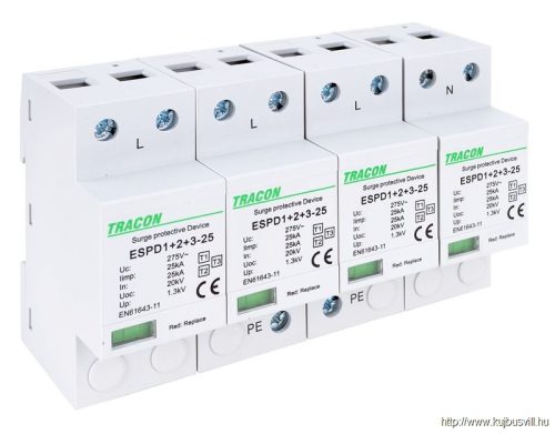 ESPD1+2+3-25-4P T1+T2+T3 AC típusú túlfeszültség levezető, egybeépített Uc:275V; Iimp:25kA; In:25kA; Uoc:20kV; Up:1,3kV; 4P