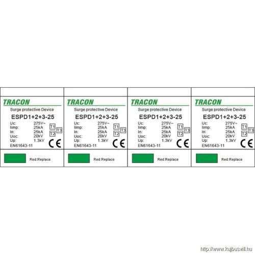 TRACON ESPD1+2+3-25-4P T1+T2+T3 AC típusú túlfeszültség levezető, egybeépített Uc:275V; Iimp:25kA; In:25kA; Uoc:20kV; Up:1,3kV; 4P