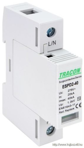 ESPD2-40-1P T2 AC típusú túlfeszültség levezető, cserélhető betéttel Uc:275V; In:20kA; Imax:40kA; Up:1,3kV; 1P