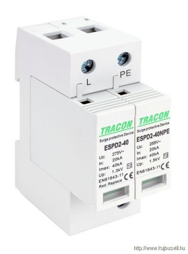 ESPD2-40-1+1P T2 AC típusú túlfeszültség levezető, cserélhető betéttel Uc:275/255V; In:20kA; Imax:40kA; Up:1,3/1,5kV; 1+1P