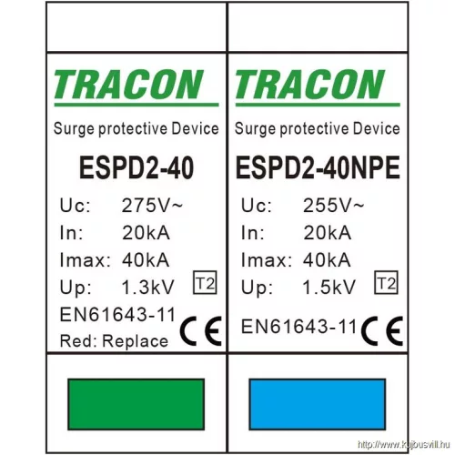 TRACON ESPD2-40-1+1P T2 AC típusú túlfeszültség levezető, cserélhető betéttel Uc:275/255V; In:20kA; Imax:40kA; Up:1,3/1,5kV; 1+1P