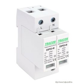   TRACON ESPD2-40-2P T2 AC típusú túlfeszültség levezető, cserélhető betéttel Uc:275V; In:20kA; Imax:40kA; Up:1,3kV; 2P