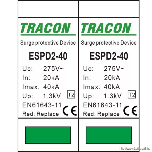 TRACON ESPD2-40-2P T2 AC típusú túlfeszültség levezető, cserélhető betéttel Uc:275V; In:20kA; Imax:40kA; Up:1,3kV; 2P