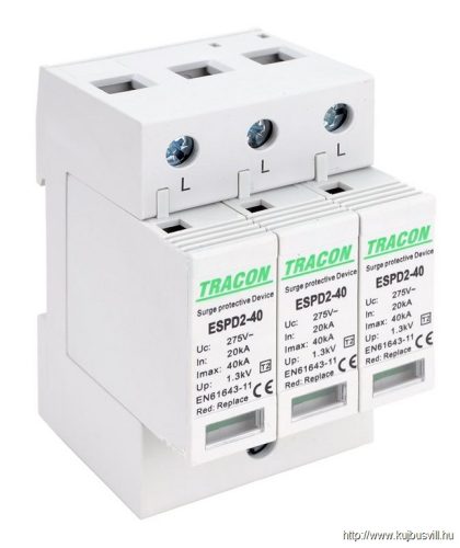ESPD2-40-3P T2 AC típusú túlfeszültség levezető, cserélhető betéttel Uc:275V; In:20kA; Imax:40kA; Up:1,3kV; 3P