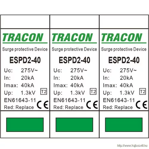 TRACON ESPD2-40-3P T2 AC típusú túlfeszültség levezető, cserélhető betéttel Uc:275V; In:20kA; Imax:40kA; Up:1,3kV; 3P