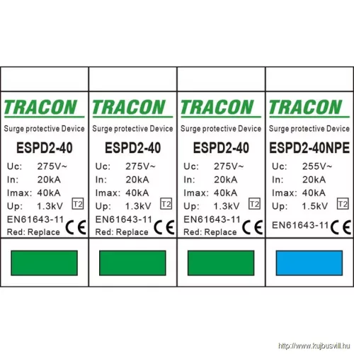 TRACON ESPD2-40-3+1P T2 AC típusú túlfeszültség levezető, cserélhető betéttel Uc:275/255V; In:20kA; Imax:40kA; Up:1,3/1,5kV; 3+1P