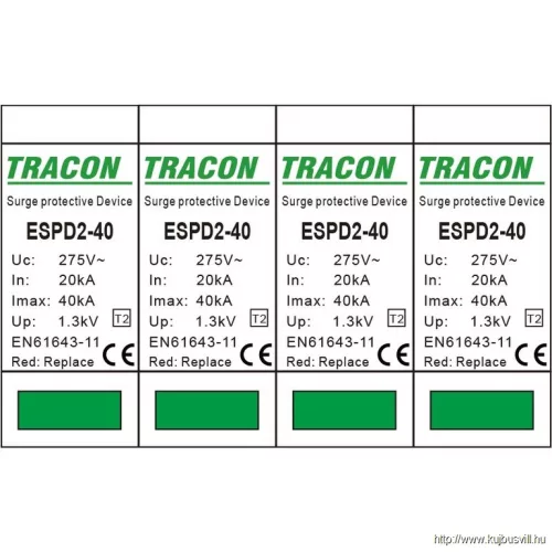 TRACON ESPD2-40-4P T2 AC típusú túlfeszültség levezető, cserélhető betéttel Uc:275V; In:20kA; Imax:40kA; Up:1,3kV; 4P