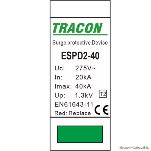 TRACON ESPD2-40M T2 AC típusú túlfeszültség levezető betét 40 M Uc:275V; In:20kA; Imax:40kA; Up:1,3kV