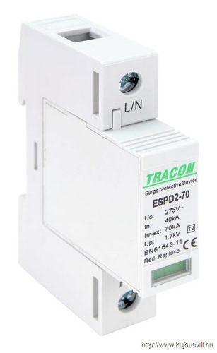 ESPD2-70-1P T2 AC típusú túlfeszültség levezető, cserélhető betéttel Uc:275V; In:40kA; Imax:70kA; Up:1,7kV; 1P