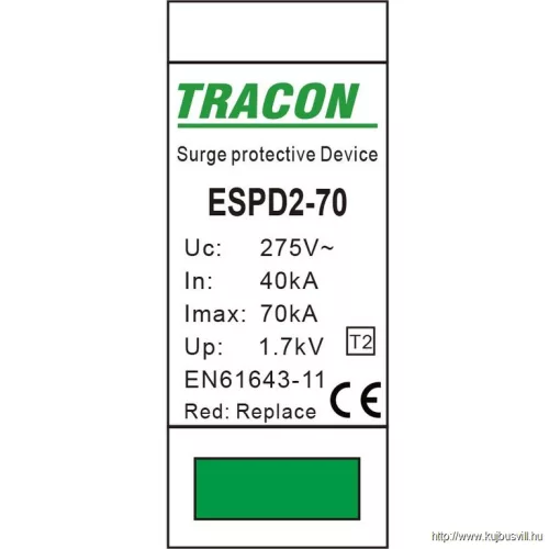 TRACON ESPD2-70-1P T2 AC típusú túlfeszültség levezető, cserélhető betéttel Uc:275V; In:40kA; Imax:70kA; Up:1,7kV; 1P