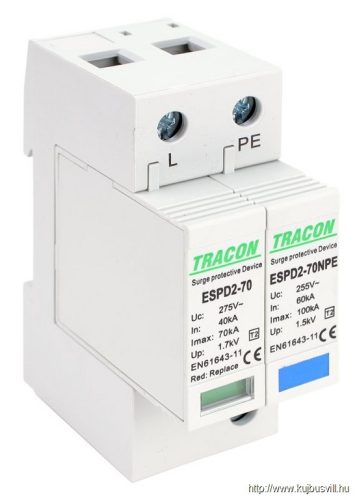 ESPD2-70-1+1P T2 AC típusú túlfeszültség levezető, cserélhető betéttel Uc:275/255V; In:40kA; Imax:70kA; Up:1,7/1,5kV; 1+1P