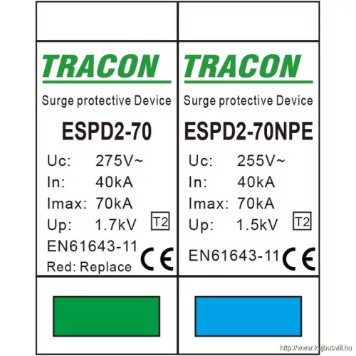 TRACON ESPD2-70-1+1P T2 AC típusú túlfeszültség levezető, cserélhető betéttel Uc:275/255V; In:40kA; Imax:70kA; Up:1,7/1,5kV; 1+1P