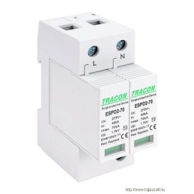   TRACON ESPD2-70-2P T2 AC típusú túlfeszültség levezető, cserélhető betéttel Uc:275V; In:40kA; Imax:70kA; Up:1,7kV; 2P