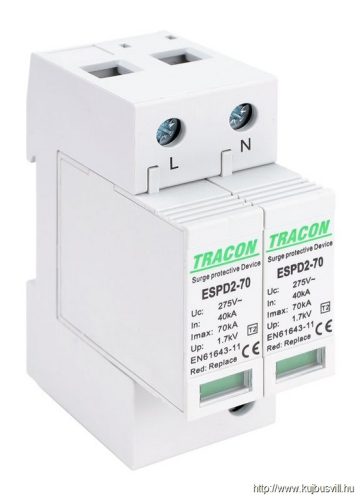 ESPD2-70-2P T2 AC típusú túlfeszültség levezető, cserélhető betéttel Uc:275V; In:40kA; Imax:70kA; Up:1,7kV; 2P