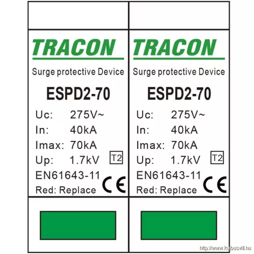 TRACON ESPD2-70-2P T2 AC típusú túlfeszültség levezető, cserélhető betéttel Uc:275V; In:40kA; Imax:70kA; Up:1,7kV; 2P