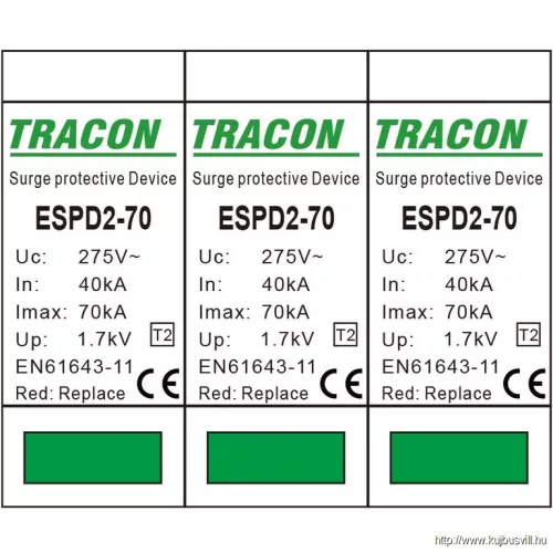 TRACON ESPD2-70-3P T2 AC típusú túlfeszültség levezető, cserélhető betéttel Uc:275V; In:40kA; Imax:70kA; Up:1,7kV; 3P