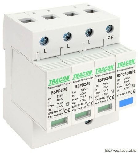 ESPD2-70-3+1P T2 AC típusú túlfeszültség levezető, cserélhető betéttel Uc:275/255V; In:40kA; Imax:70kA; Up:1,7/1,5kV; 3+1P
