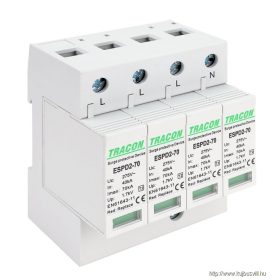   TRACON ESPD2-70-4P T2 AC típusú túlfeszültség levezető, cserélhető betéttel Uc:275V; In:40kA; Imax:70kA; Up:1,7kV; 4P