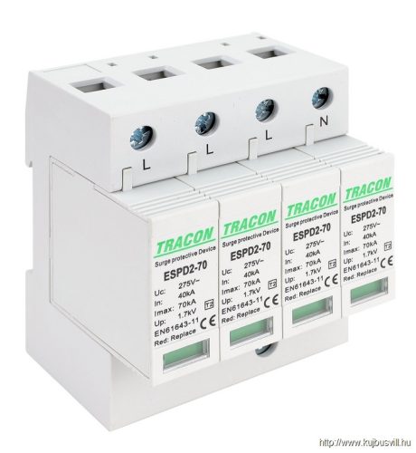 ESPD2-70-4P T2 AC típusú túlfeszültség levezető, cserélhető betéttel Uc:275V; In:40kA; Imax:70kA; Up:1,7kV; 4P