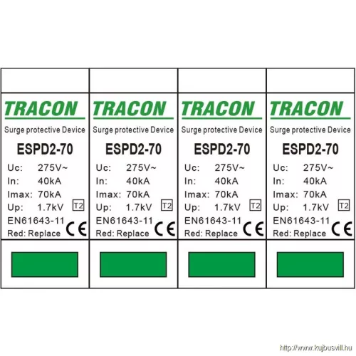 TRACON ESPD2-70-4P T2 AC típusú túlfeszültség levezető, cserélhető betéttel Uc:275V; In:40kA; Imax:70kA; Up:1,7kV; 4P