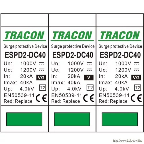 TRACON ESPD2-DC40-1000 T2 DC típusú túlfeszültség levezető, cserélhető betéttel Ucpv: 1200V; In:20kA; Imax:40kA; Up:4kV