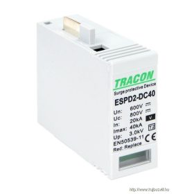   TRACON ESPD2-DC40-600V T2 DC típusú V túlfeszültség levezető betét 600V Ucpv: 800V; In:20kA; Imax:40kA; Up:2,6kV; Var