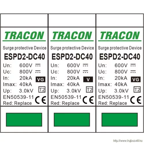 TRACON ESPD2-DC40-600V T2 DC típusú V túlfeszültség levezető betét 600V Ucpv: 800V; In:20kA; Imax:40kA; Up:2,6kV; Var