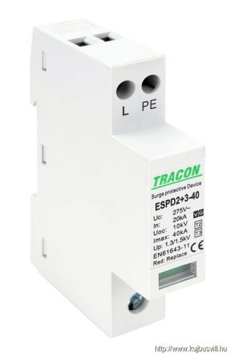 ESPD2+3-40-1+1P T2+T3 AC típusú túlfeszültséglevezető, egybeépített Uc:275V; In:20kA; Imax40kA; Uoc:10kV; Up:1,3/1,5kV; 1+1P