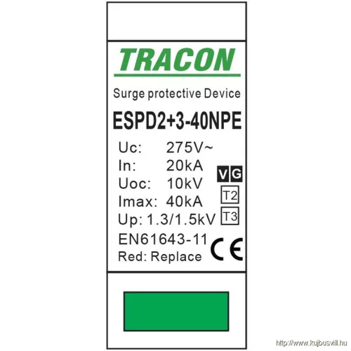 TRACON ESPD2+3-40-1+1P T2+T3 AC típusú túlfeszültséglevezető, egybeépített Uc:275V; In:20kA; Imax40kA; Uoc:10kV; Up:1,3/1,5kV; 1+1P