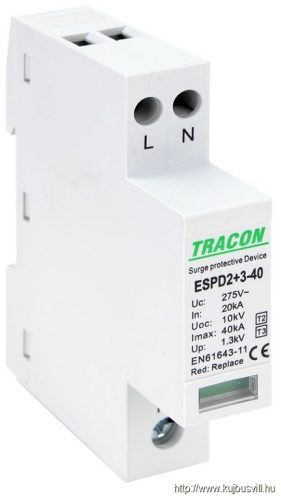 ESPD2+3-40-2P T2+T3 AC típusú túlfeszültséglevezető, egybeépített Uc:275V; In:20kA; Imax40kA; Uoc:10kV; Up:1,3kV; 2P
