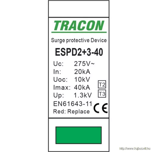 TRACON ESPD2+3-40-2P T2+T3 AC típusú túlfeszültséglevezető, egybeépített Uc:275V; In:20kA; Imax40kA; Uoc:10kV; Up:1,3kV; 2P