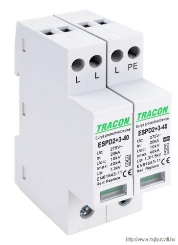 ESPD2+3-40-3+1P T2+T3 AC típusú túlfeszültséglevezető, egybeépített Uc:275V; In:20kA; Imax40kA; Uoc:10kV; Up:1,3/1,5kV; 3+1P
